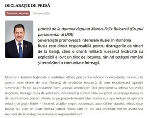 Marius-Felix Bulearcă: Suveraniştii promovează interesele Rusiei în România Rusia este direct responsabilă pentru distrugerile de vineri de la Galaţi, când o dronă militară rusească încărcată cu explozibil a lovit un bloc de locuinţe, rănind cetăţeni români şi terorizând o comunitate întreagă.